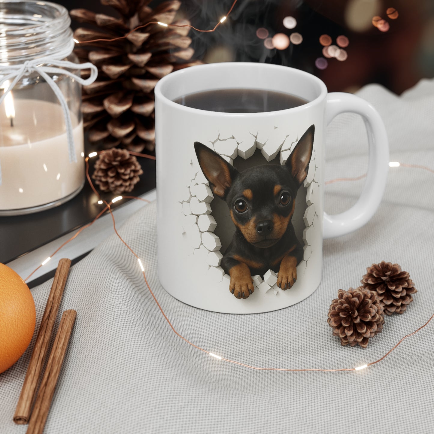 Mug Pinscher Nain Noir et Feu Effet Mur Cassé – Tasse Chien 3D Trompe-l’œil – Cadeau Original Amoureux du Pinscher