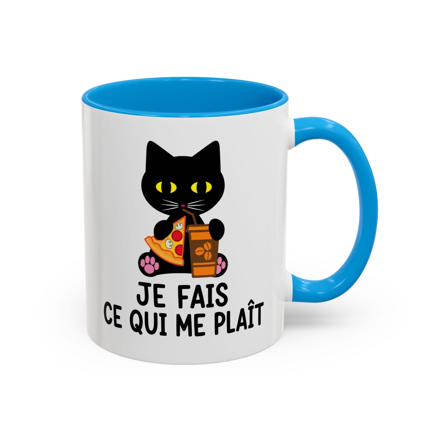 Tasse Chat Homme et Femme – Je Fais Ce Qui Me Plaît – Mug Humour Chat avec Pizza et Café – Cadeau Original Amoureux des Chats – 325 ml