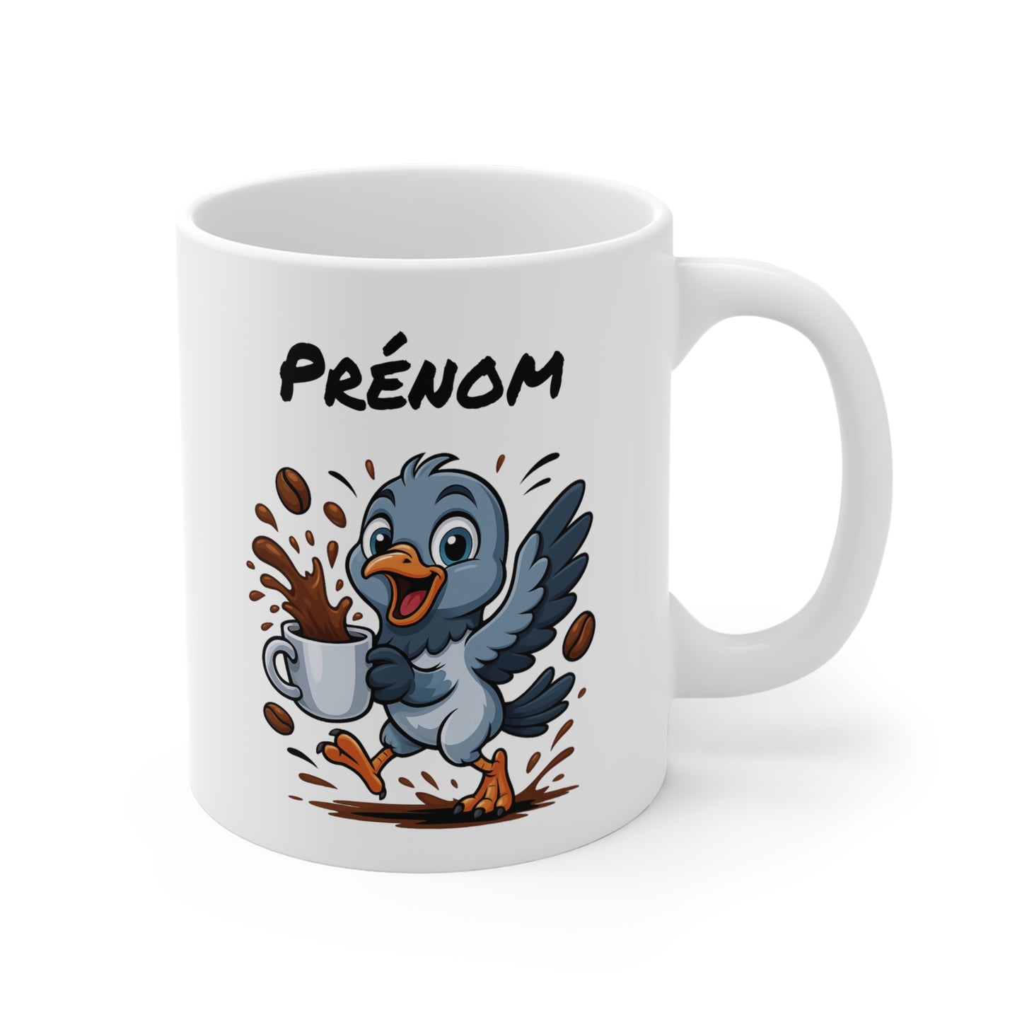 Tasse Personnalisable Pigeon Café – Mug Prénom Oiseau Cartoon Céramique 325ml – Cadeau Original et Humoristique