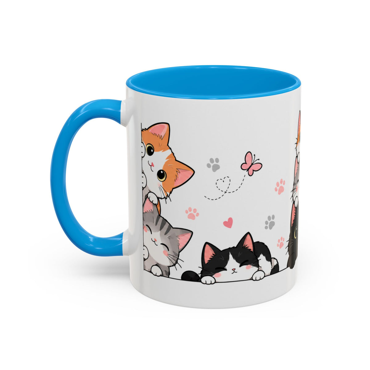Mug Chats Mignons et Colorés – Tasse avec Petits Chats, Cœurs, Papillons et Pelote de Laine – Cadeau Original Amoureux des Chats