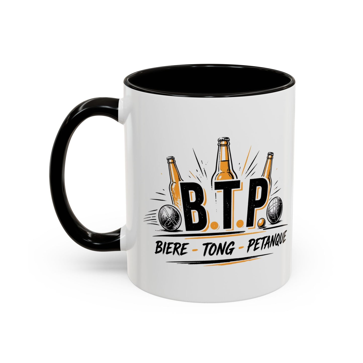 Mug B.T.P. Humoristique – Tasse Bière Tong Pétanque – Cadeau Original Apéro et Pétanque – Céramique 325ml Noir Bleu Rouge