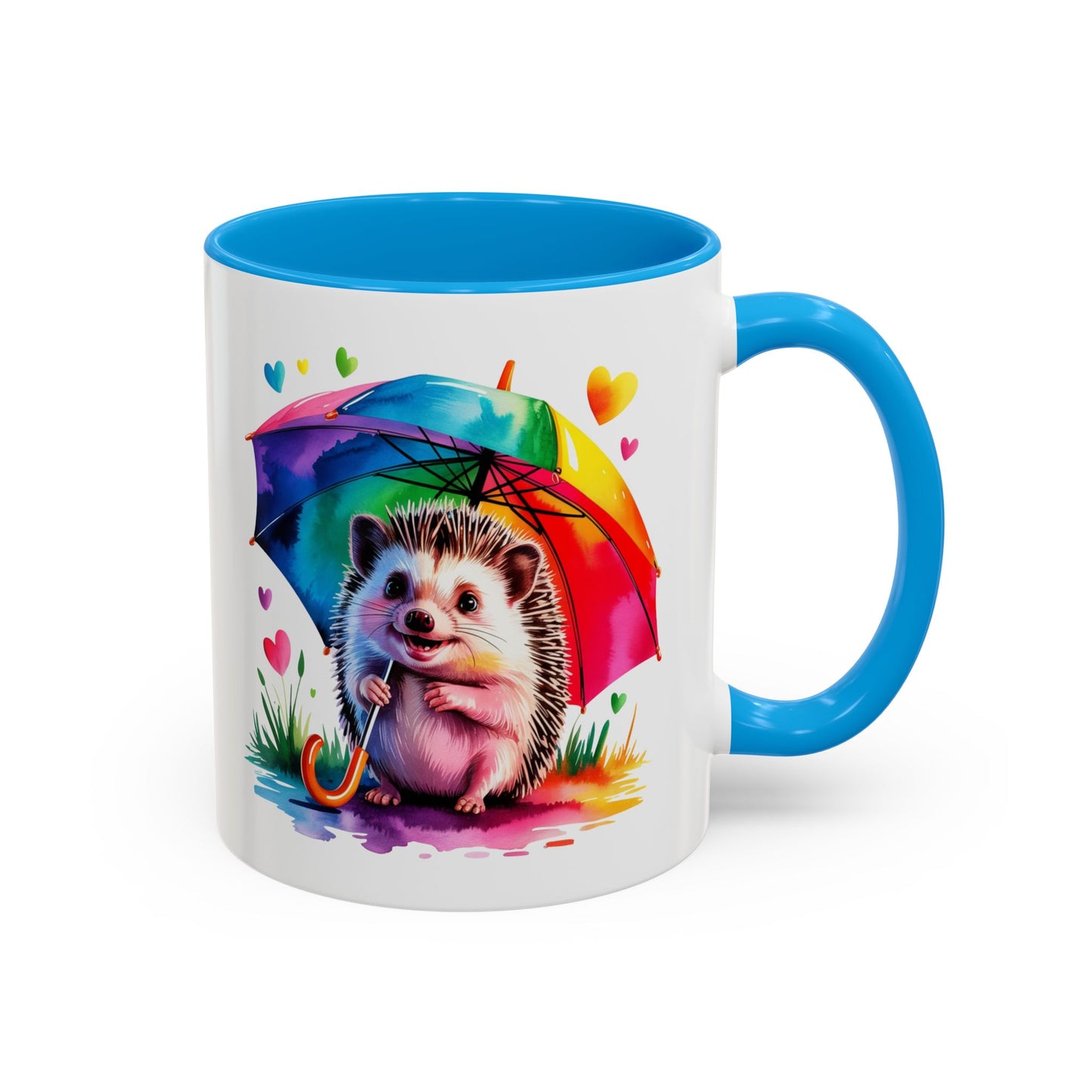 Mug Hérisson Kawaii avec Parapluie Arc-en-Ciel – Tasse Colorée et Mignonne – Cadeau Original Amoureux des Animaux – Céramique 325ml