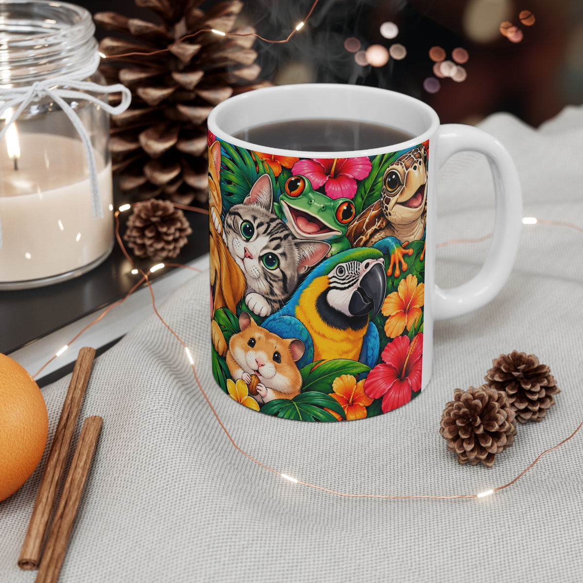 Mug Animaux Mignons dans un Décor Tropical – Tasse Chien, Chats, Lapin, Perroquet, Tortue et Grenouille – Cadeau Original Amoureux des Animaux