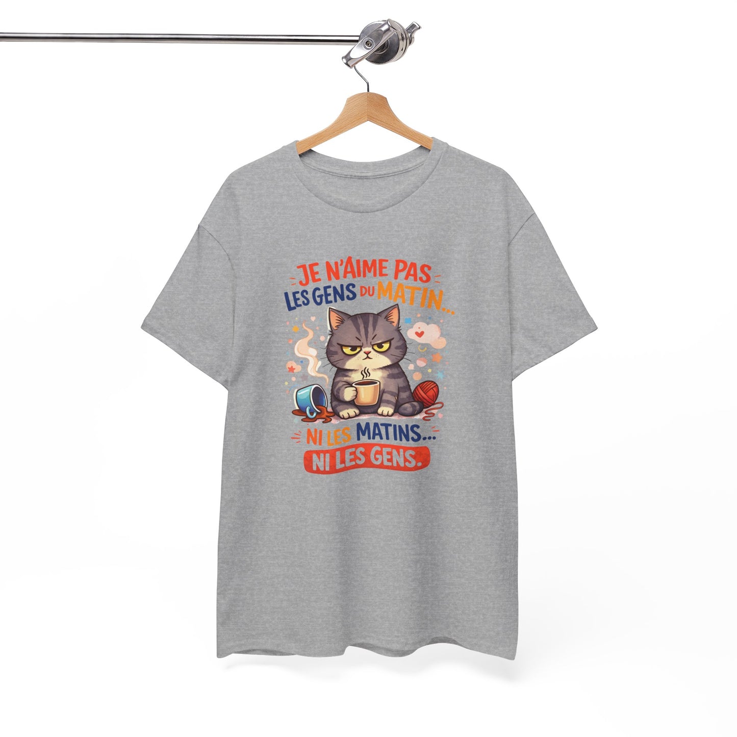 Tee Shirt Chat Humour Je n’aime pas les gens du matin – Amoureux du café drôle – Cadeau Blanc Gris Noir