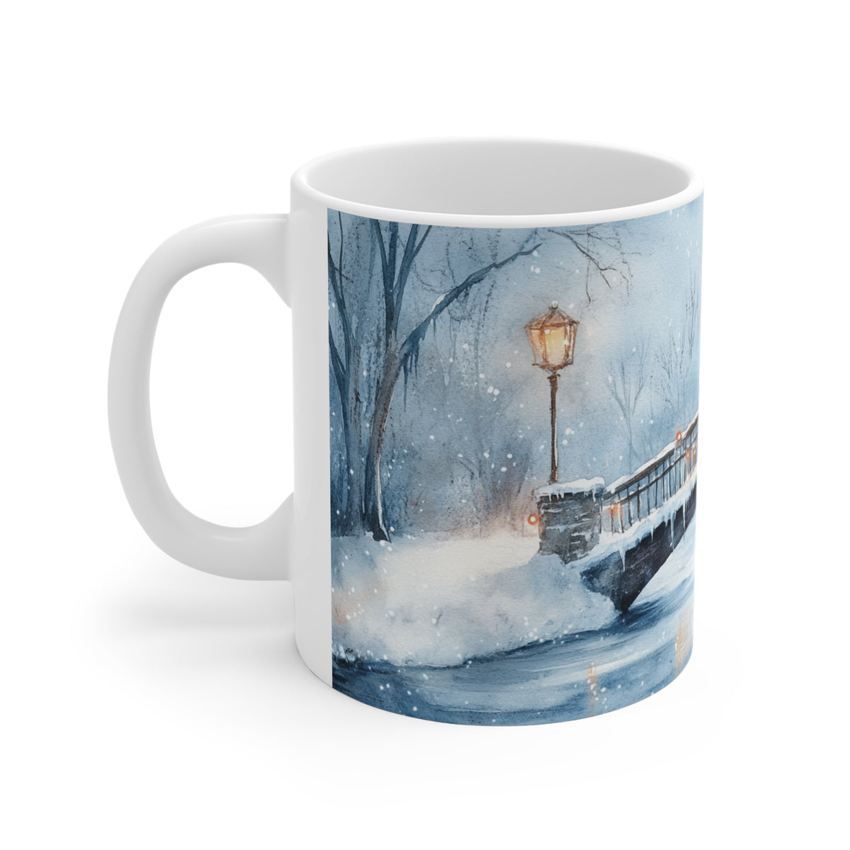 Mug Pont Enneigé avec Bonhomme de Neige – Tasse Hiver Paysage de Noël Style Aquarelle – Cadeau Original Homme Femme