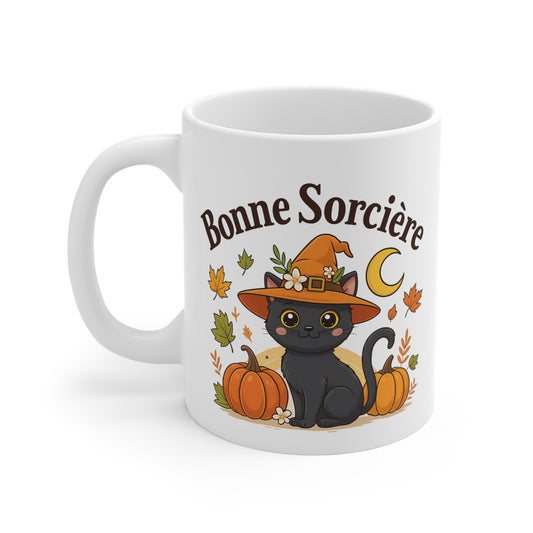 Mug Bonne Sorcière – Tasse Halloween Chat Noir et Citrouilles – Cadeau Magique 325ml