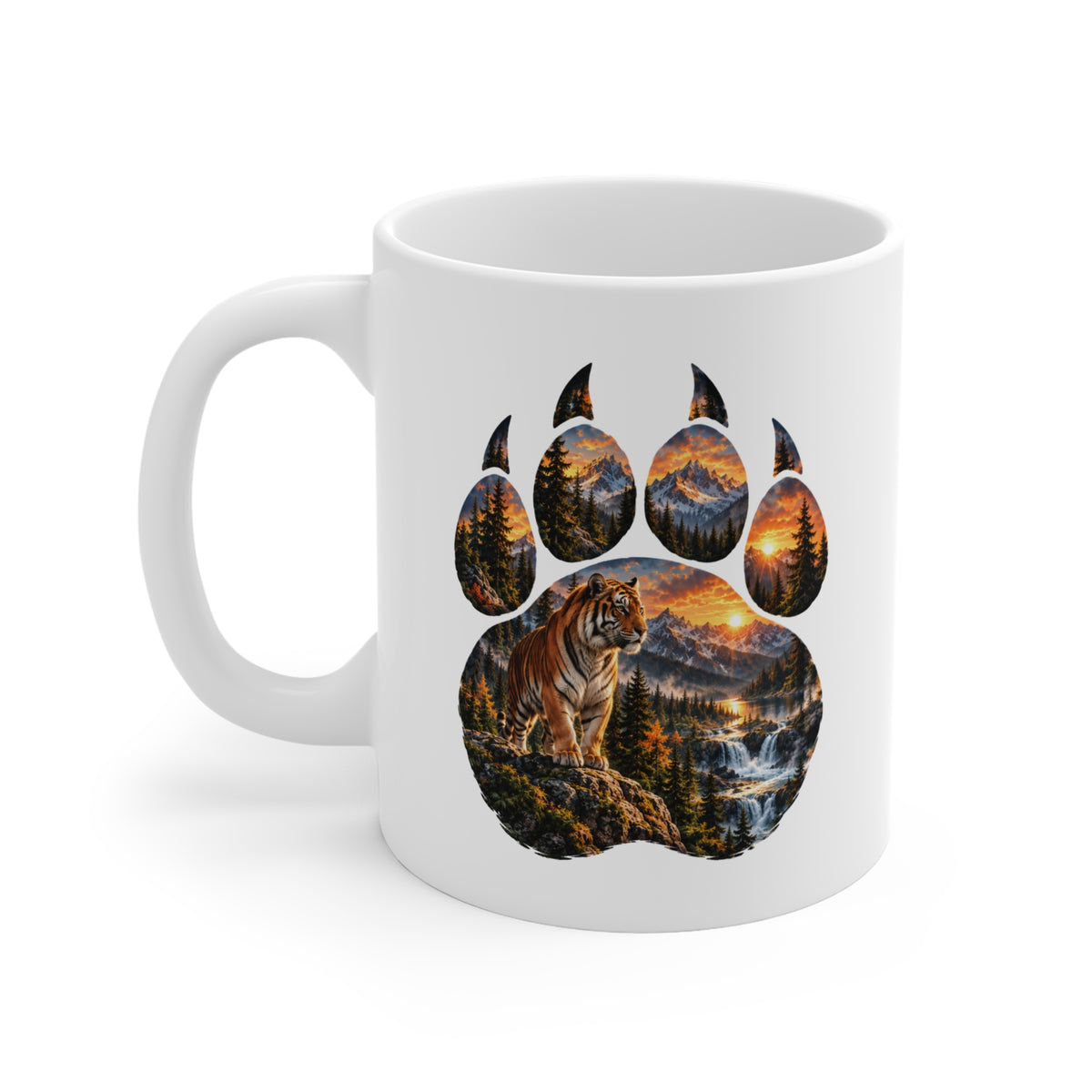 Mug Tigre dans une Empreinte de Patte – Tasse Paysage Montagne, Forêt et Cascades au Coucher de Soleil – Cadeau Original Amoureux des Tigres