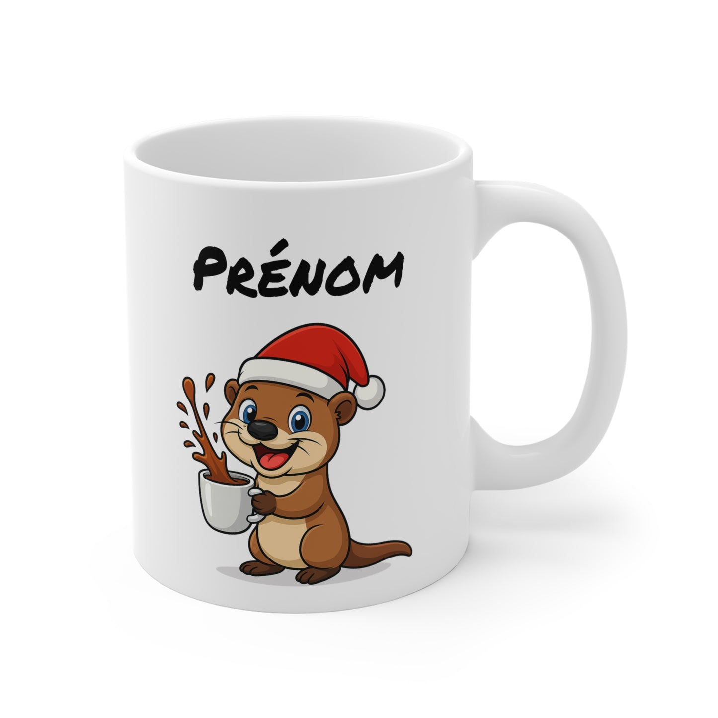 Tasse Personnalisable Loutre Noël – Mug Prénom Céramique 325ml – Cadeau Fêtes Mignon Original