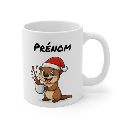 Tasse Personnalisable Loutre Noël – Mug Prénom Céramique 325ml – Cadeau Fêtes Mignon Original