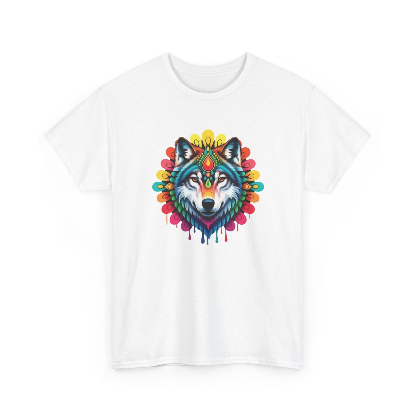 T-Shirt Loup Coloré Mandala – Tee Shirt Wolf Spirituel Tribal – Cadeau Original Animal Mystique Noir Blanc Gris