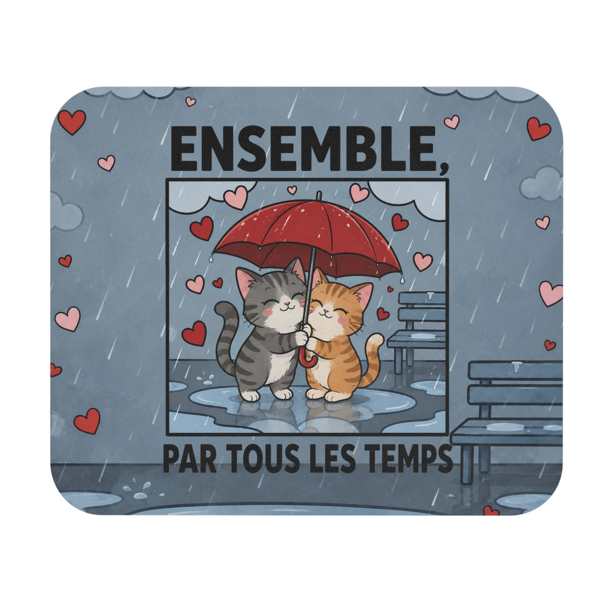 Tapis de Souris 22x18 cm Ensemble Par Tous les Temps – Deux Chats sous un Parapluie – Cadeau Couple Amoureux Romantique