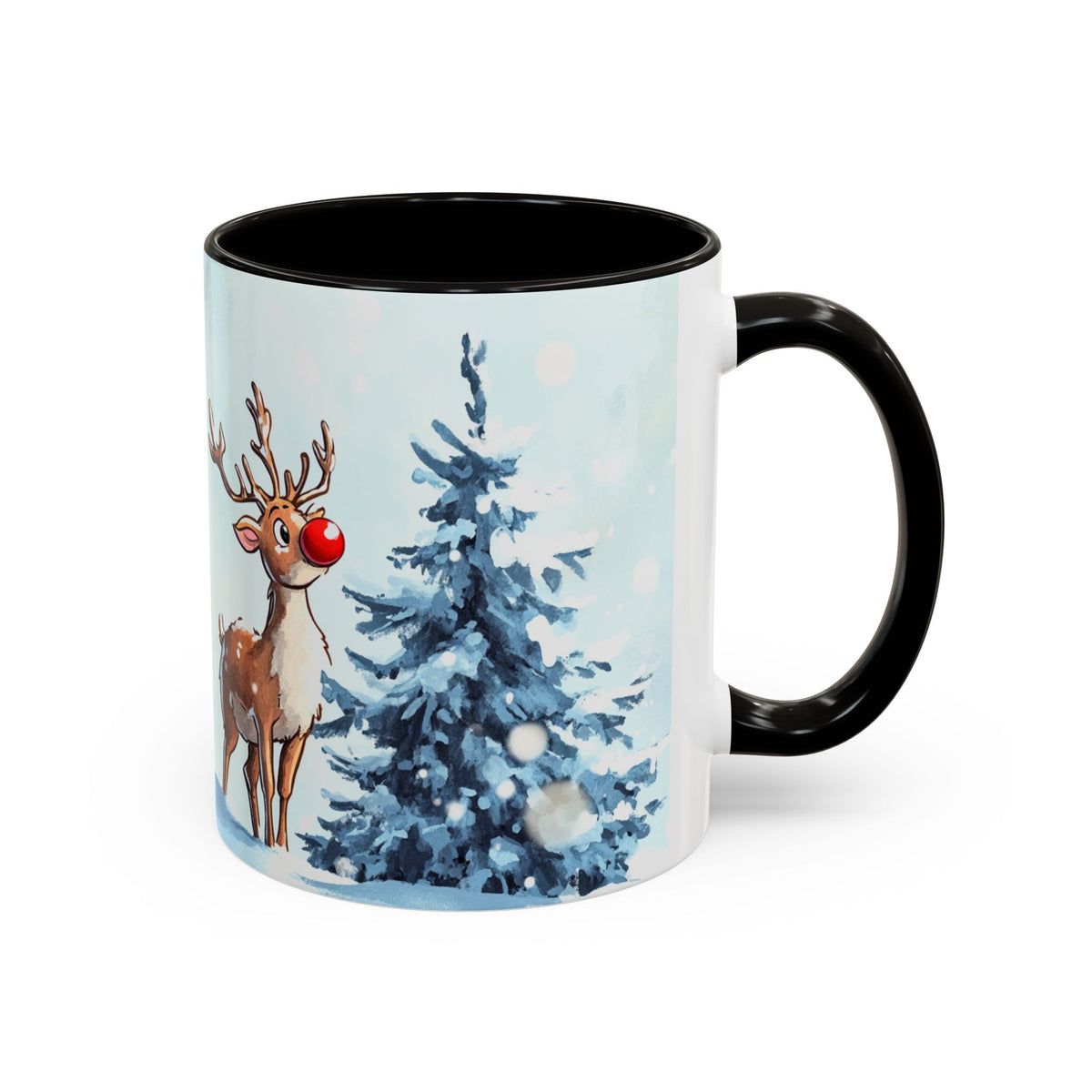 Mug Renne de Noël au Nez Rouge – Tasse Hiver Sapin Enneigé Style Aquarelle – Cadeau Noël Homme Femme noir bleu rouge