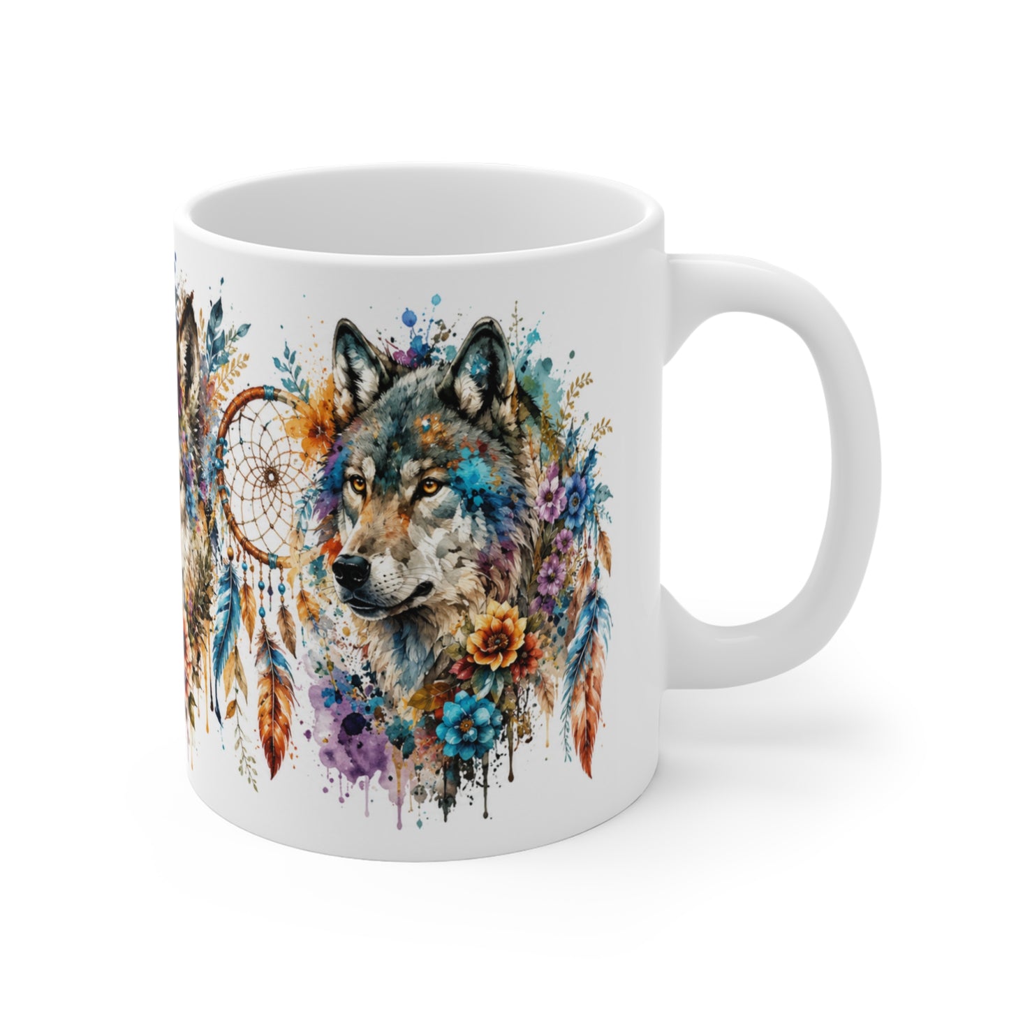 Tasse Loups Bohème – Mug Attrape-Rêves Floral et Loup Aquarelle – Cadeau Nature Spirituelle Homme Femme 325ml