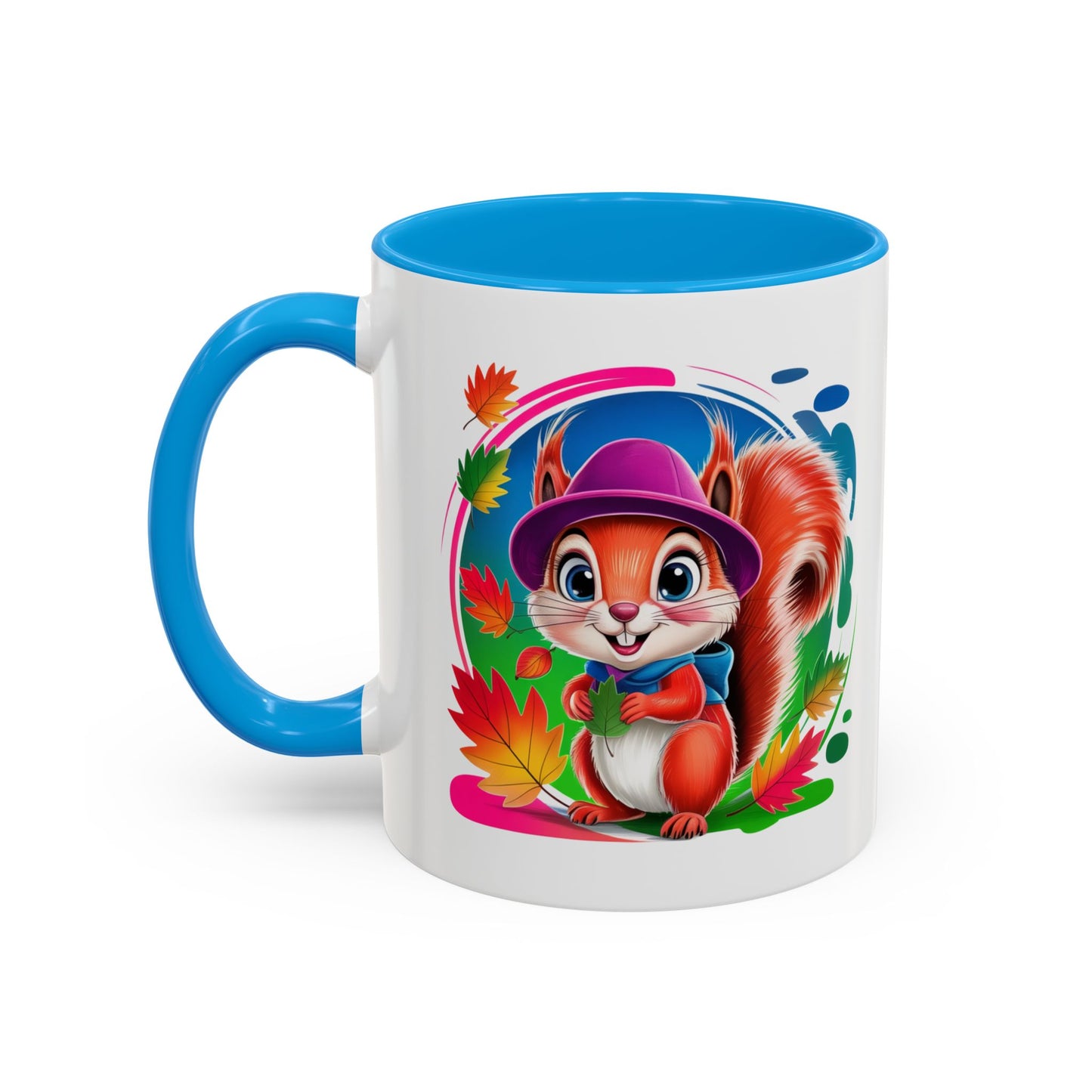 Mug Écureuil Mignon – Tasse Animal Automne Feuilles Colorées Kawaii – Cadeau Original Enfant Adulte – Céramique 325ml Noir Bleu Rouge