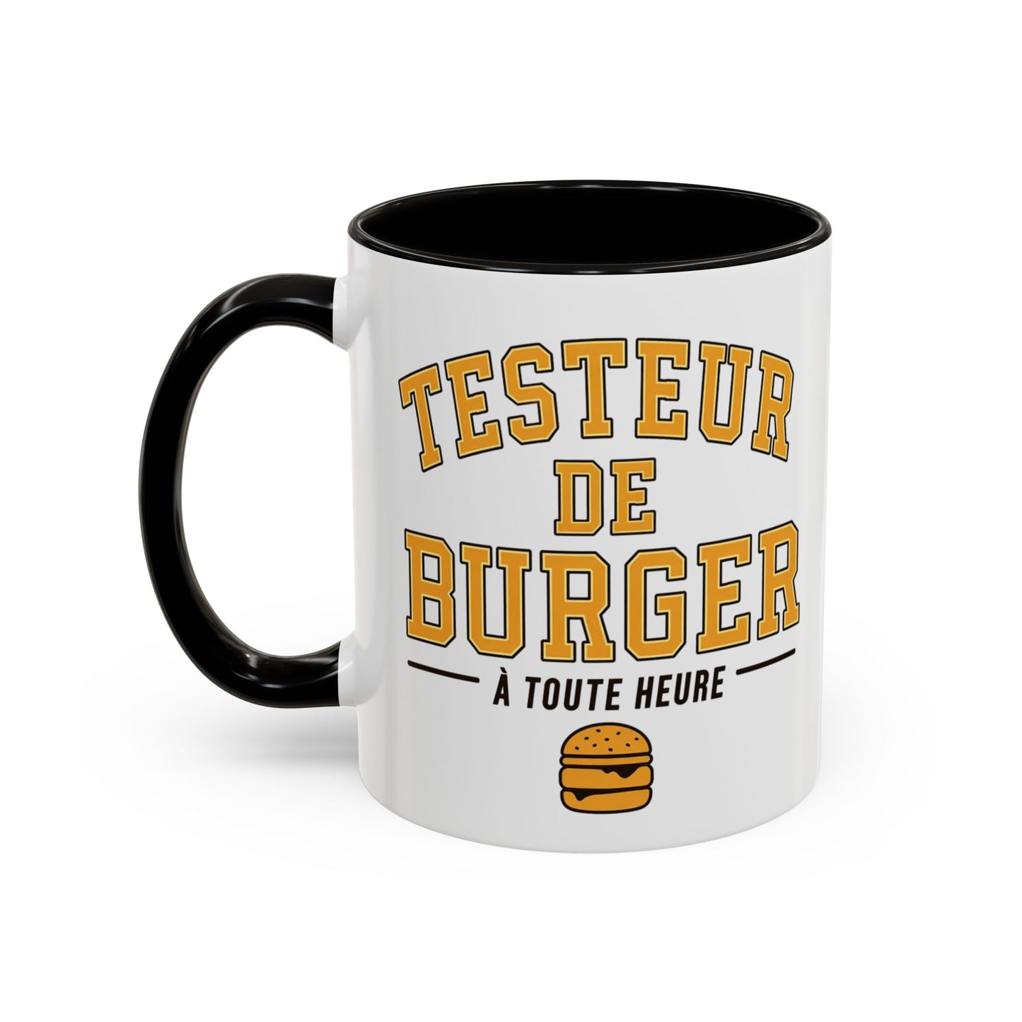 Mug Testeur de Burger – Tasse Humoristique Fast Food et Hamburger – Cadeau Gourmand Original – Céramique 325ml Noir Bleu Rouge