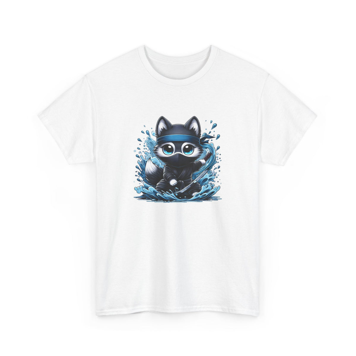 Tee Shirt Renard Ninja Homme Femme – T-Shirt Renard Samouraï Katana – Design Japonais Vagues Bleues