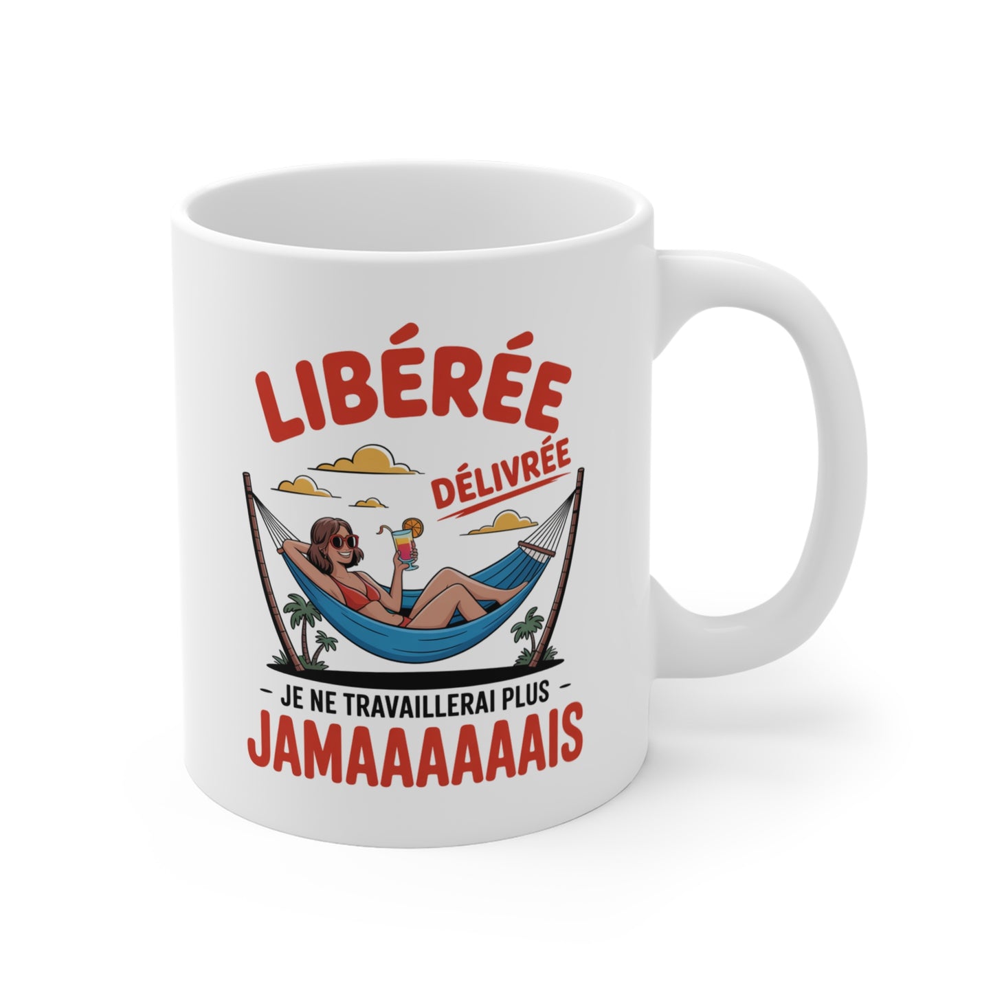 Mug Humour Vacances – Tasse Céramique 325ml Femme Hamac Cocktail – Cadeau Départ Retraite Été