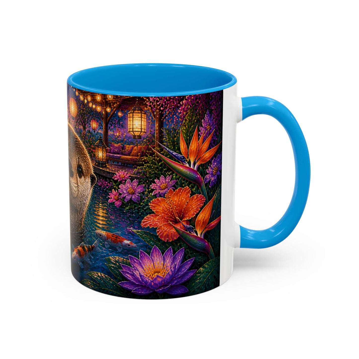 Tasse Loutre et Carpes Koi – Mug Jardin Japonais et Fleurs Tropicales – Design Artistique Relaxant – Céramique 325ml