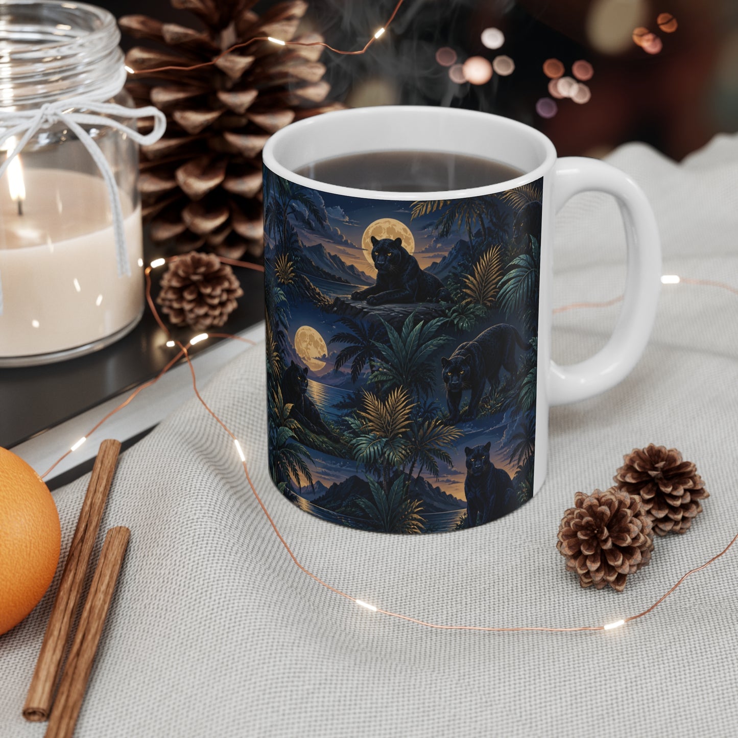 Tasse Panthère Noire Jungle Tropicale – Mug Félin Sauvage Lune Forêt Exotique – Cadeau Homme Femme Enfant 325ml