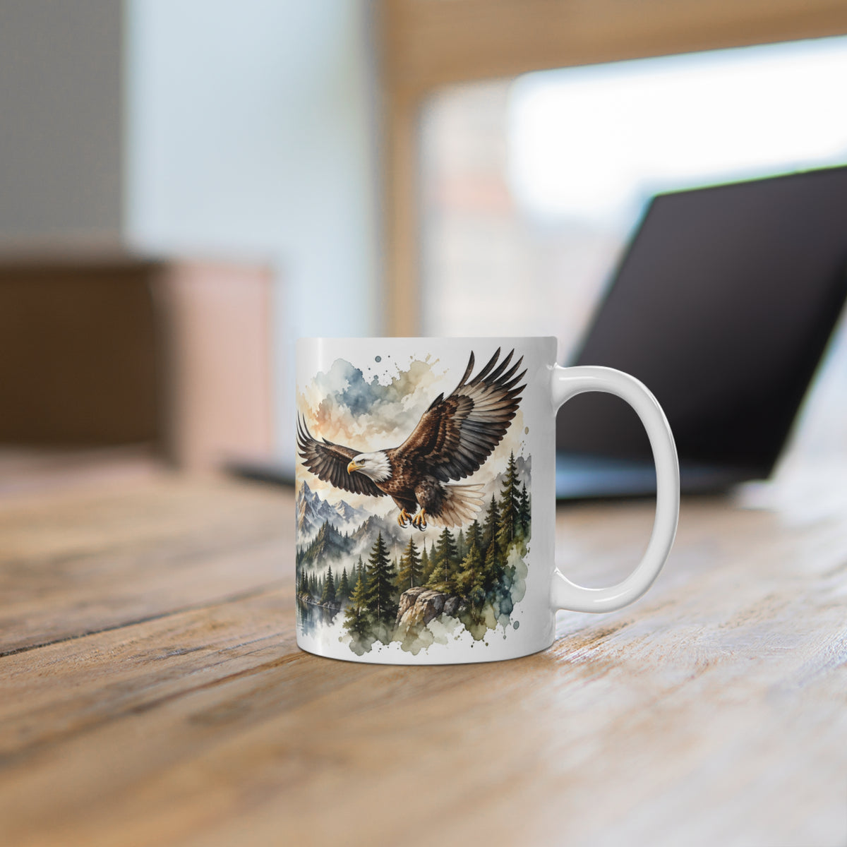 Mug Aigles en Vol au-dessus des Montagnes – Tasse Nature Sauvage Style Aquarelle – Cadeau Original Amoureux des Rapaces et Paysages