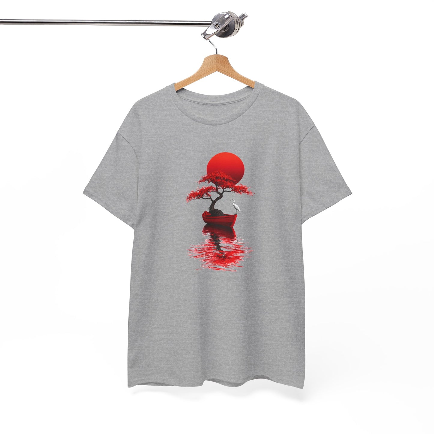Tee Shirt Homme et Femme Japonais Bonsaï Héron Soleil Rouge Paysage Zen Nature Asiatique Art Traditionnel