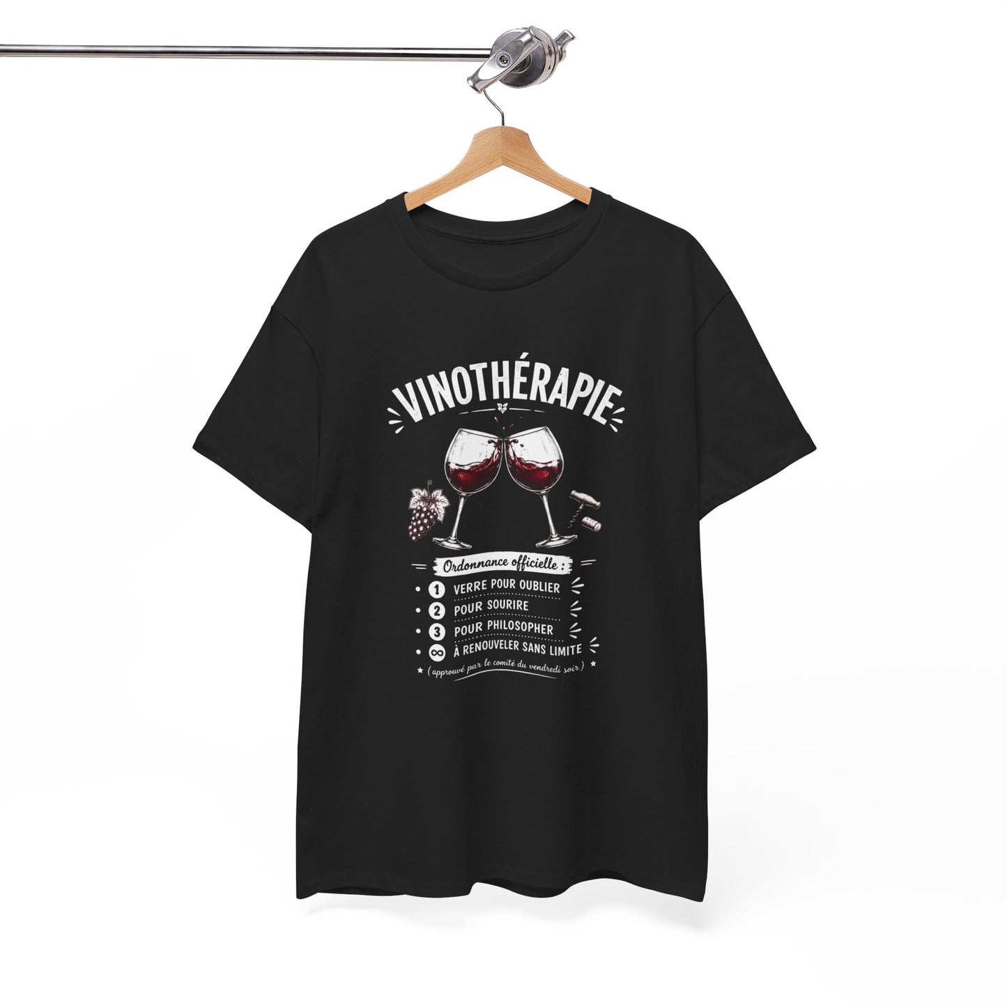 T-Shirt Vinothérapie Homme Femme – Tee Shirt Humour Vin Apéro – Cadeau Drôle Amateur Vin Soirée Noir Blanc Gris
