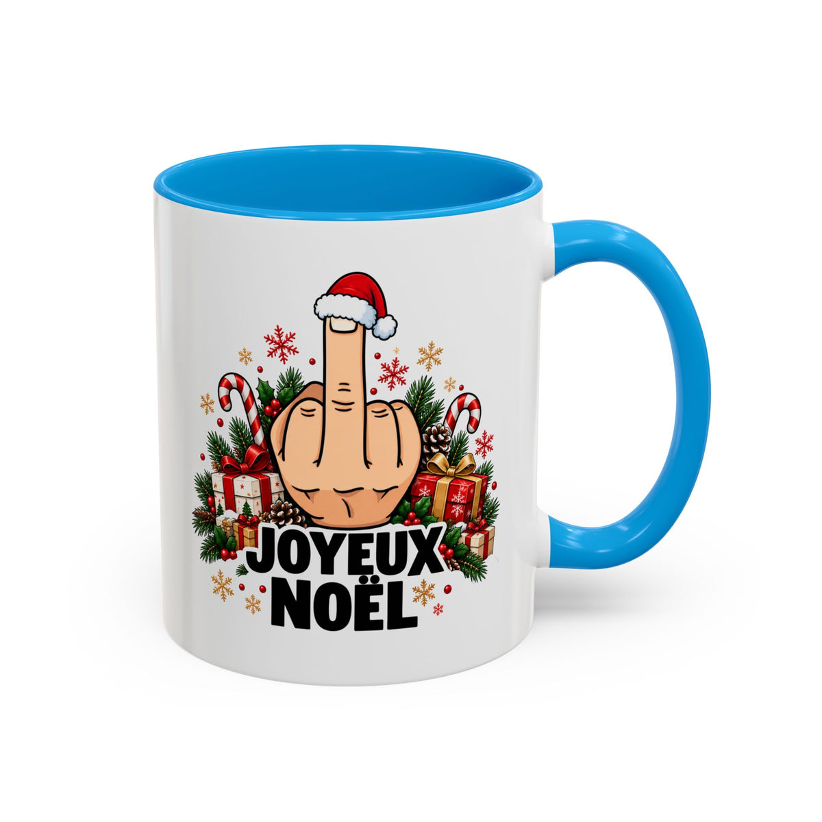 Mug Humour Noël « Joyeux Noël » – Tasse Geste Insolent avec Bonnet de Père Noël, Cadeaux et Sucre d’Orge – Cadeau Drôle Homme Femme