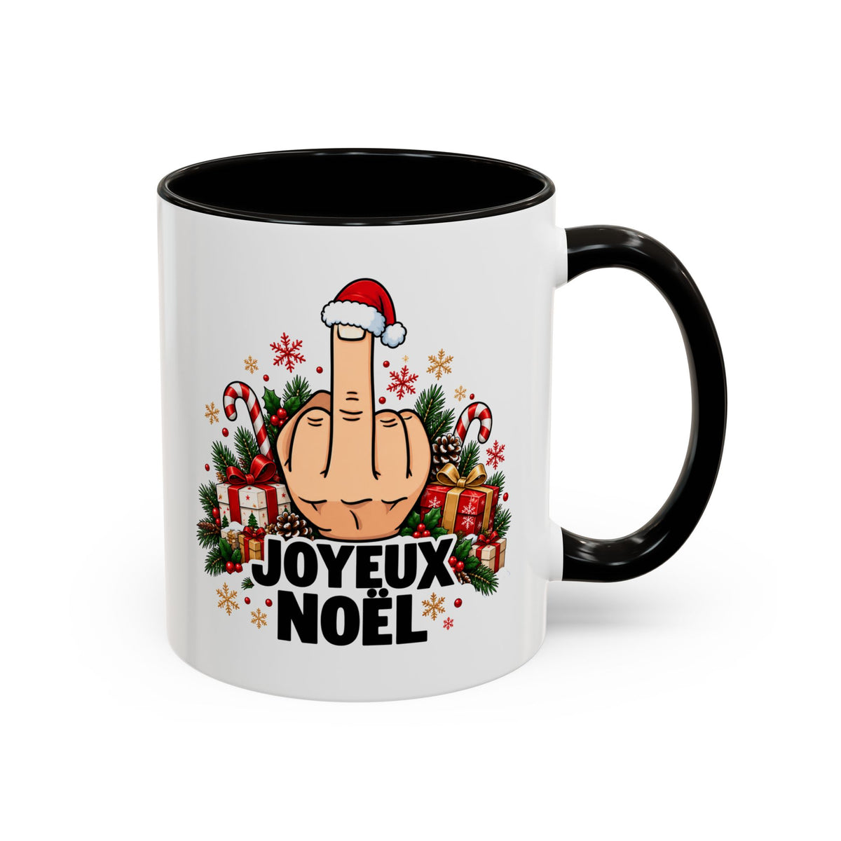 Mug Humour Noël « Joyeux Noël » – Tasse Geste Insolent avec Bonnet de Père Noël, Cadeaux et Sucre d’Orge – Cadeau Drôle Homme Femme