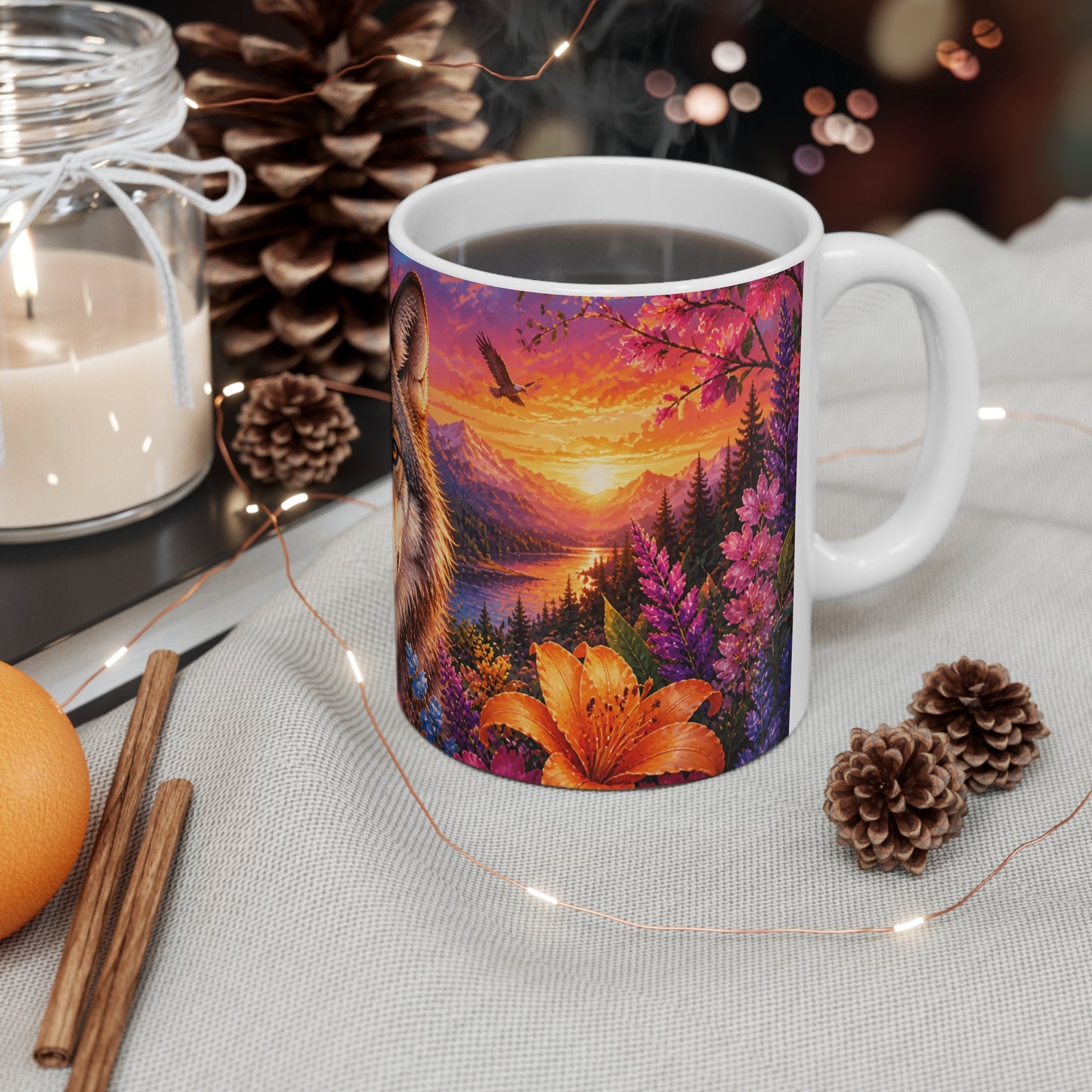 Tasse Loup Floral Coloré – Mug Animal Sauvage Nature – Cadeau Homme Femme Enfant 325ml