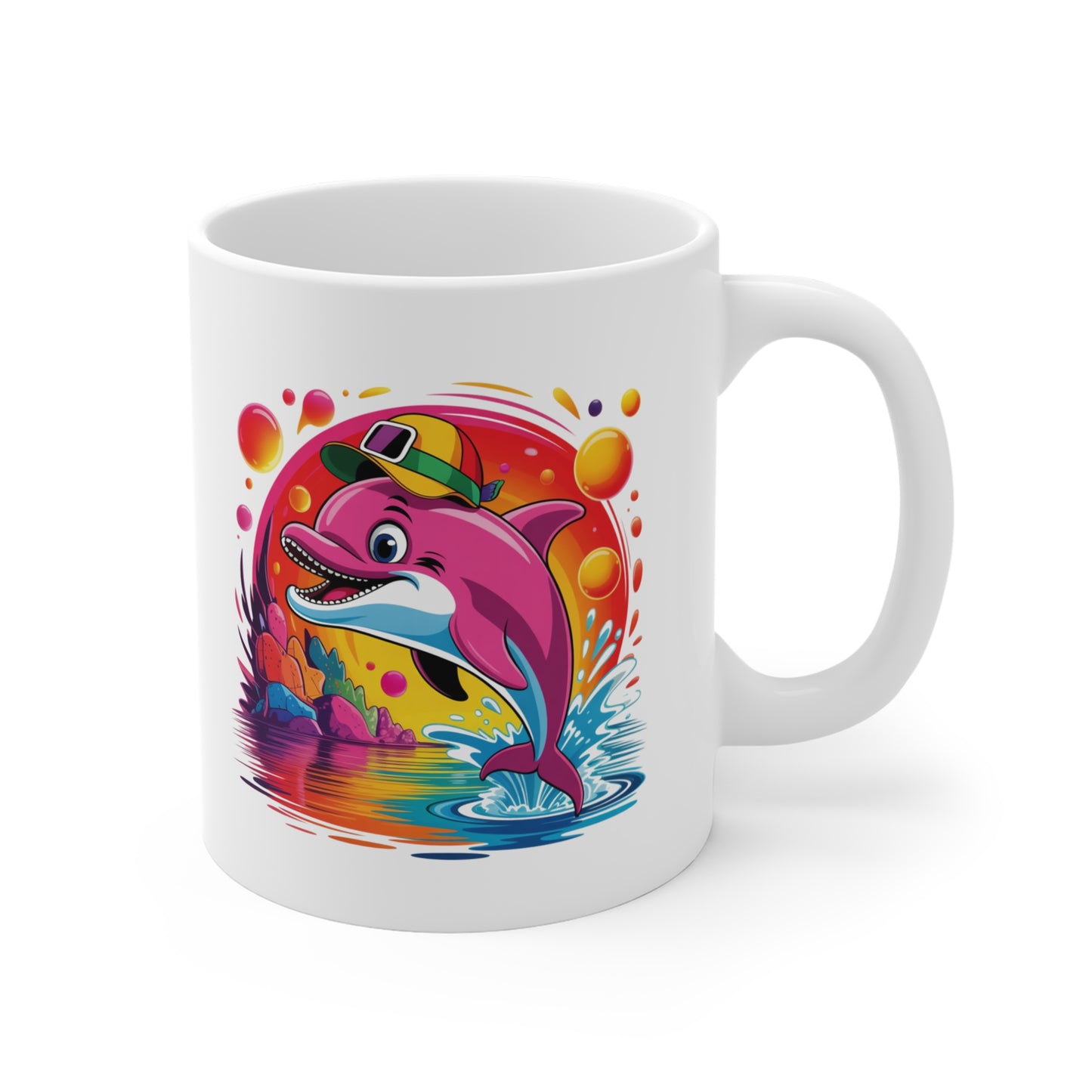 Mug Dauphin Rose Kawaii – Tasse Dauphin Tropical Arc-en-Ciel – Design Marin Coloré et Féérique – Cadeau Original pour Amoureux des Dauphins et de l’Océan – Céramique 325ml