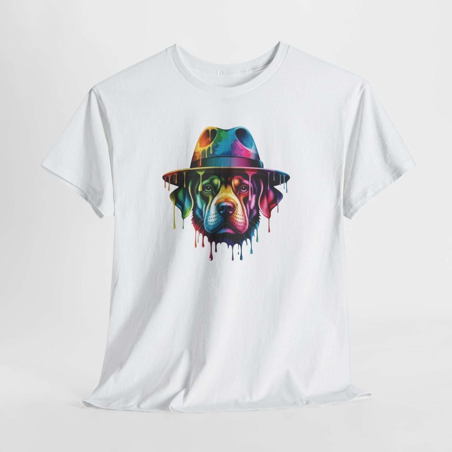 T-Shirt Chien Coloré avec Chapeau – Tee Shirt Art Urbain Peinture Dripping – Cadeau Original Style Streetwear Noir Blanc Gris