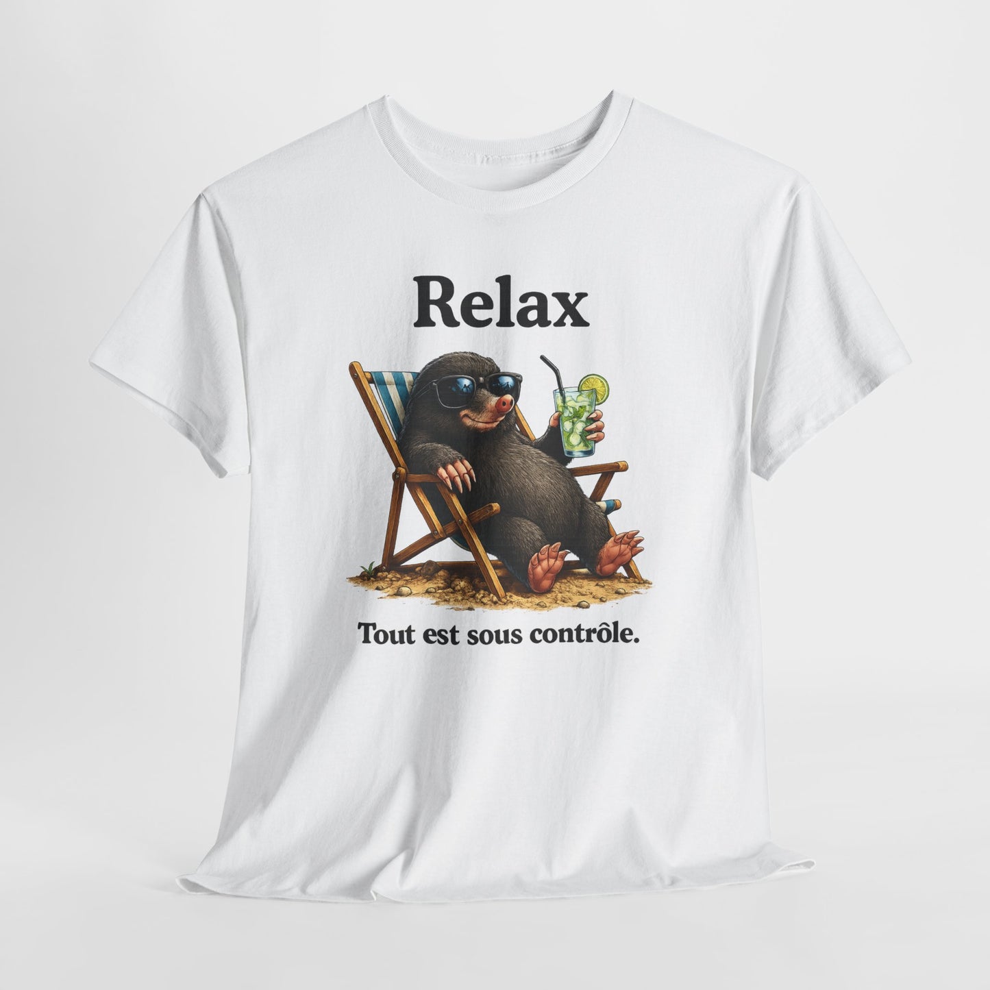 T-Shirt Humour Homme et Femme – Taupe Relax Détente Vacances – Animal Drôle avec Lunettes – Cadeau Original – Blanc et Gris