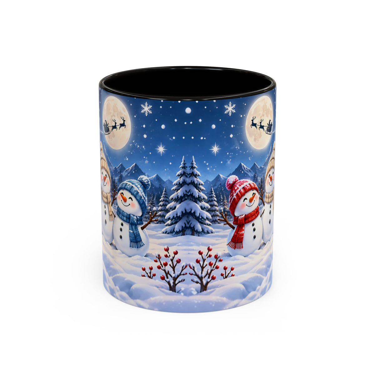 Mug Bonhommes de Neige de Noël – Tasse Hiver avec Sapins Enneigés, Lune et Traîneau du Père Noël – Cadeau Original Homme Femme