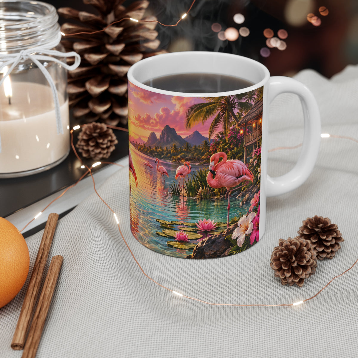 Mug Flamants Roses Tropicaux au Coucher de Soleil – Tasse Paysage Exotique avec Fleurs, Cascade et Lagon – Cadeau Original Amoureux des Animaux
