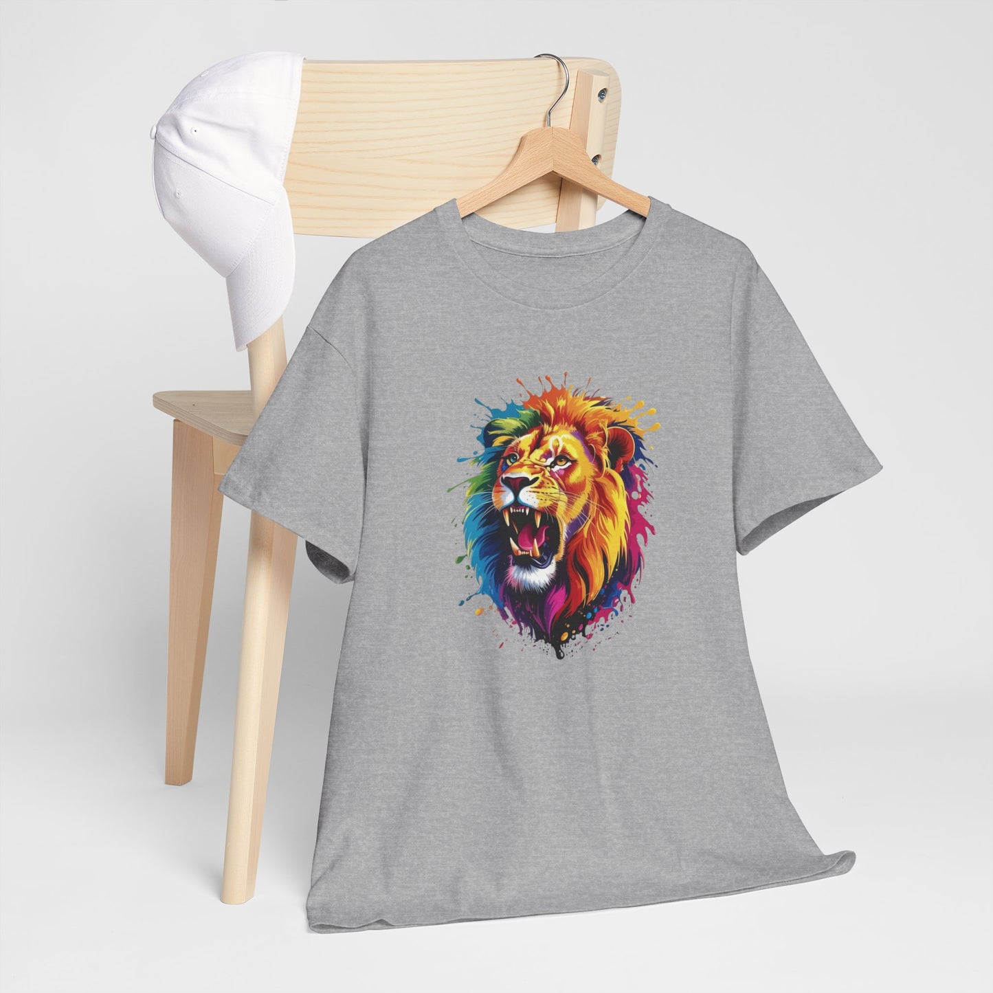 T-Shirt Lion Rugissant Coloré – Tee Shirt Tête de Lion Art Dripping – Cadeau Animal Puissant Streetwear Noir Blanc Gris