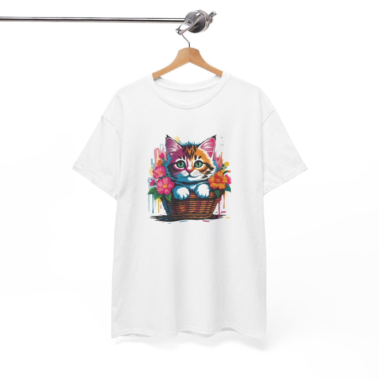 T-Shirt Chaton Mignon Adulte – Chat avec Fleurs Colorées – Tee Shirt Animal Cute Panier Noir Blanc Gris Cadeau