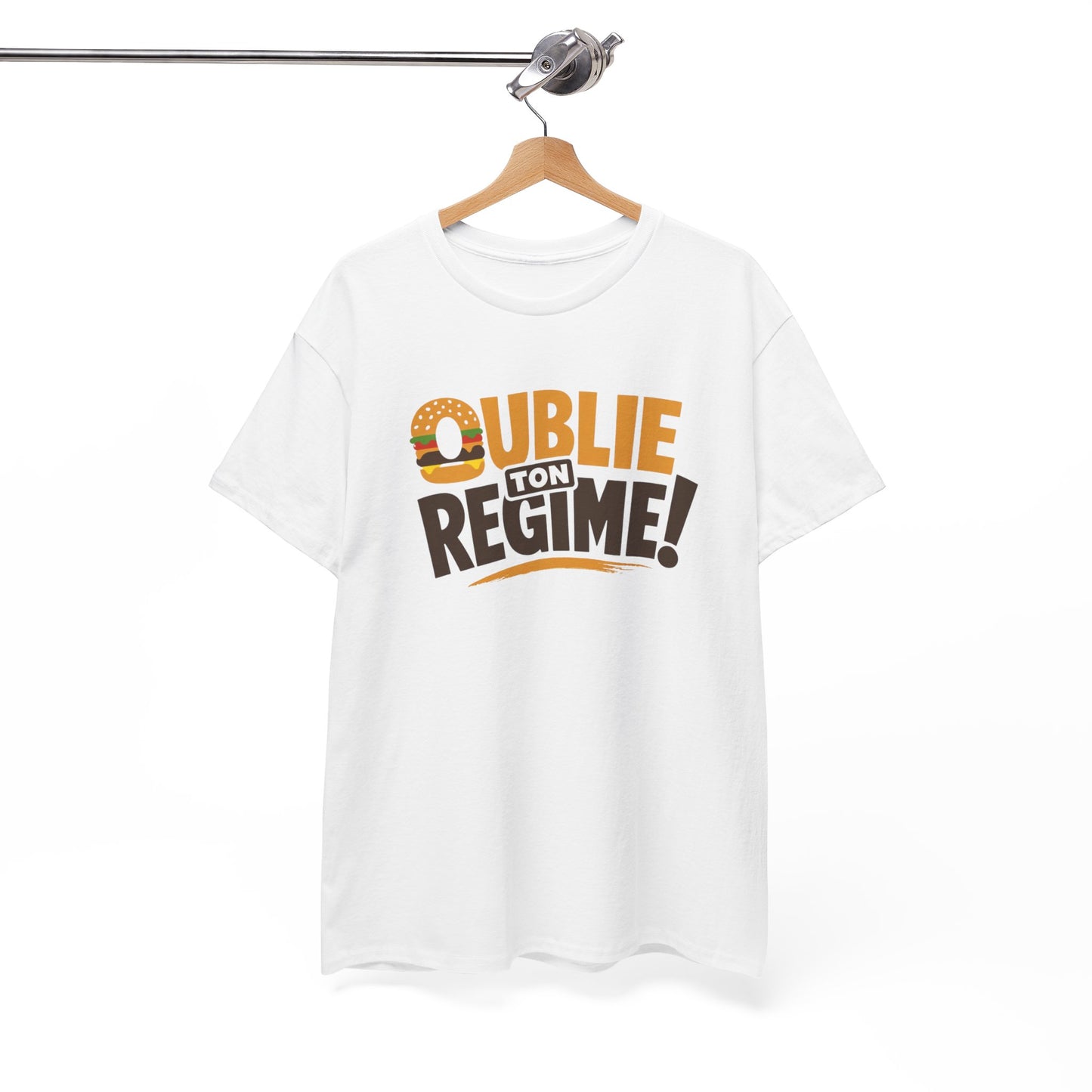 T-Shirt Oublie Ton Régime Homme Femme – Tee Shirt Humour Burger – Cadeau Gourmand Drôle Noir Blanc Gris