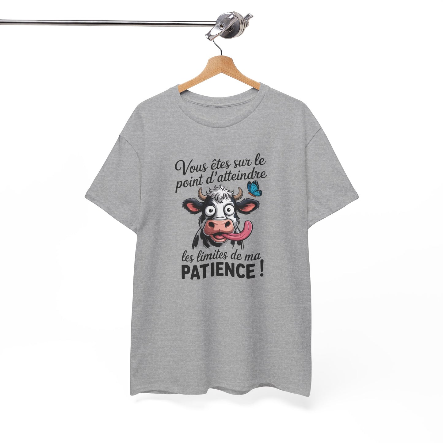 T-Shirt Humoristique Vache Patience – Tee Shirt Drôle Adulte Homme Femme – Cadeau Humour Animal – Noir Blanc Gris