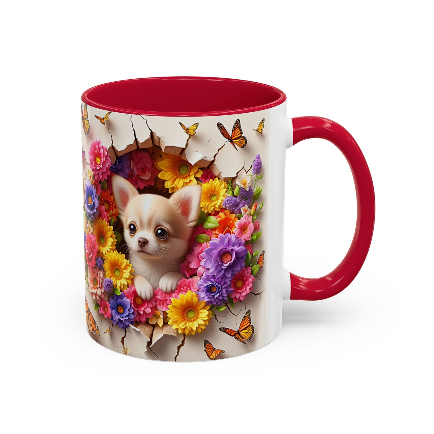 Mug Chihuahua Kawaii – Tasse Petit Chien avec Fleurs Colorées et Papillons – Cadeau Amoureux des Chiens 325ml
