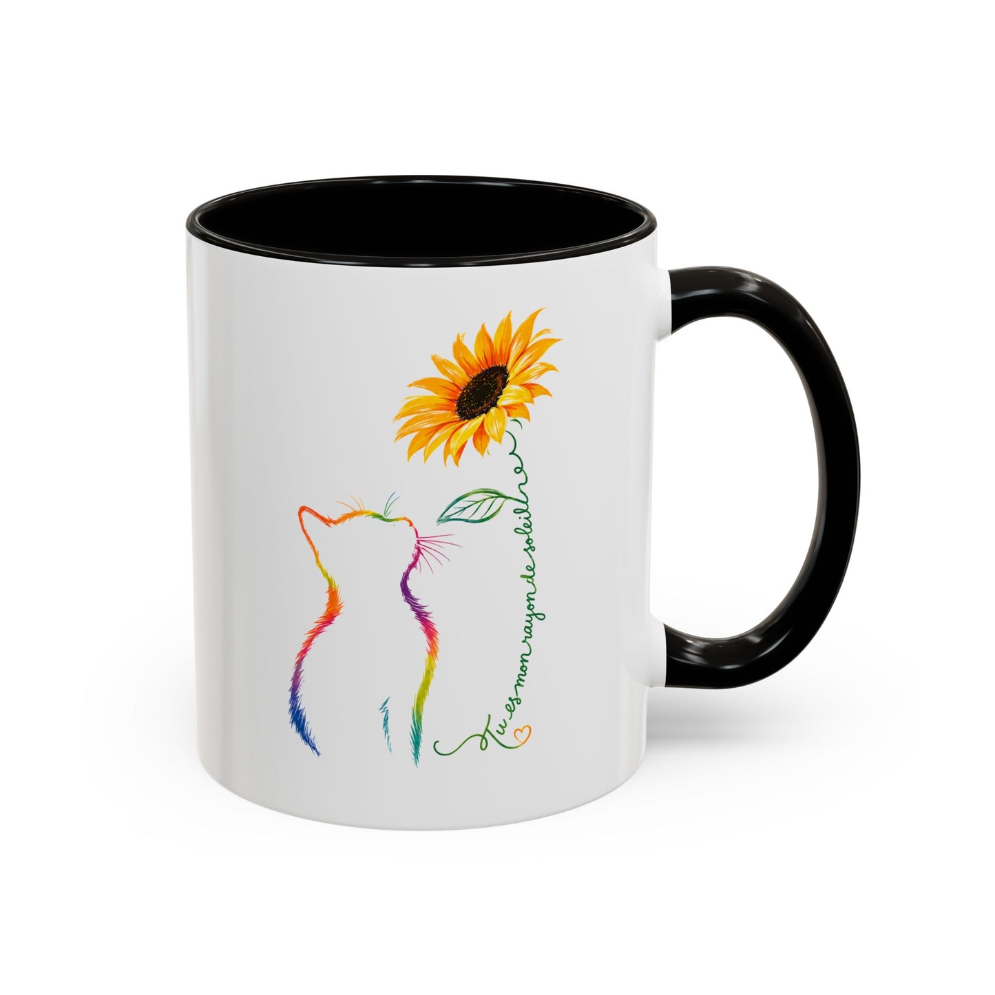 Mug Chat et Tournesol – Tasse Chat Colorée Amour Bonheur – Cadeau Original Amoureux des Chats Homme et Femme Noir Bleu Rouge