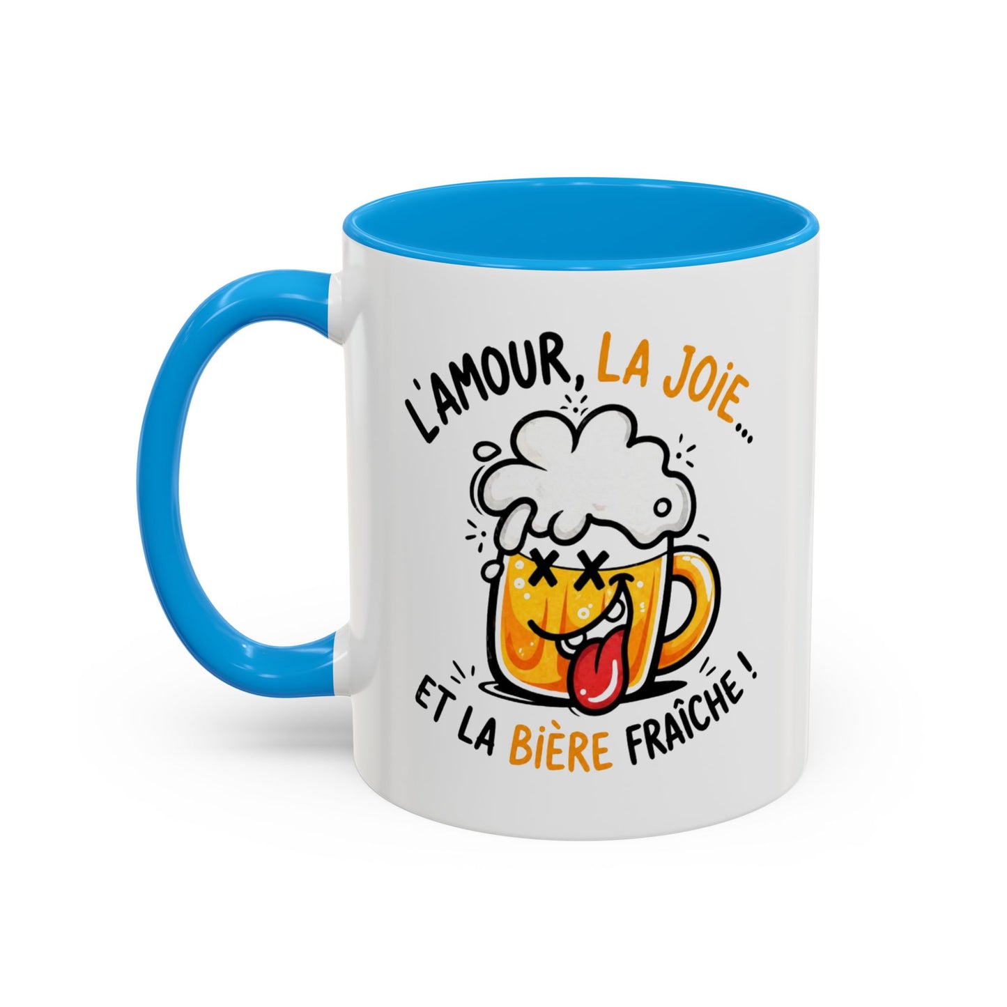 Mug Humour Bière – L’Amour La Joie Et La Bière Fraîche – Tasse Drôle Cadeau Original Fun Céramique 325ml