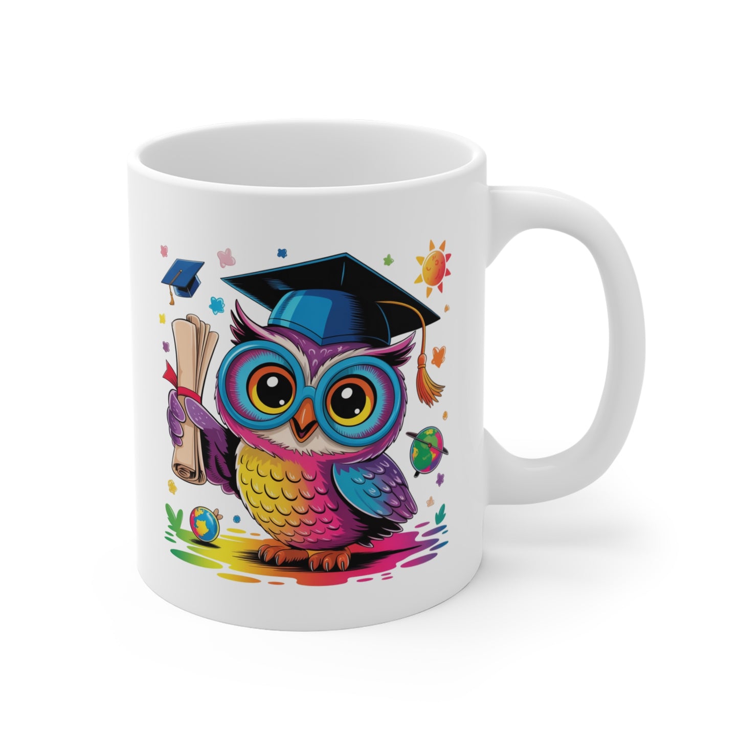 Mug Hibou Diplômé Kawaii – Tasse Chouette Étudiante Colorée – Design Owl avec Lunettes et Diplôme – Cadeau Original Étudiant, Professeur et Enfant – Mug Céramique 325ml