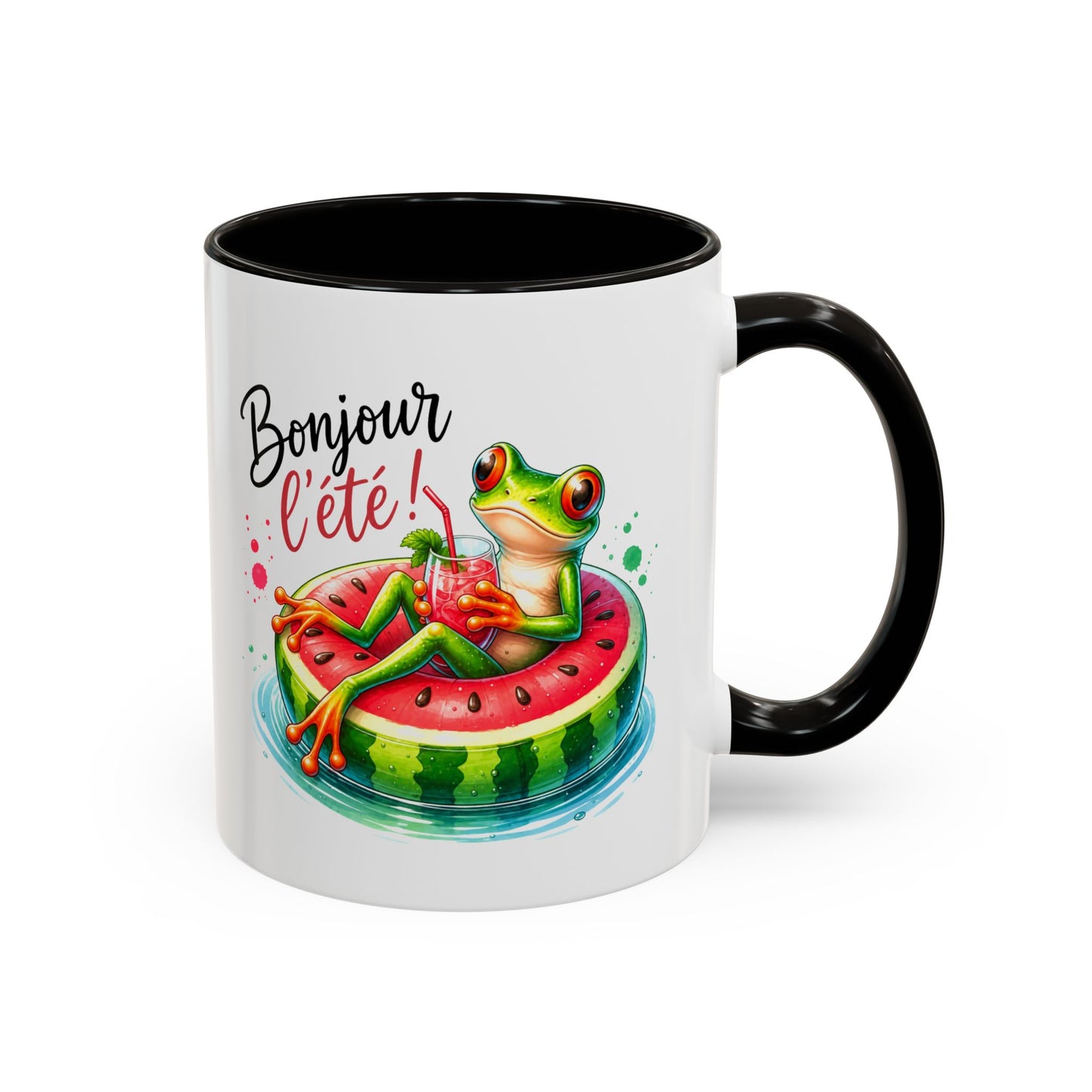 Tasse Bonjour l’Été – Mug Grenouille sur Bouée Pastèque – Cadeau Été Vacances Humour Homme Femme 325ml