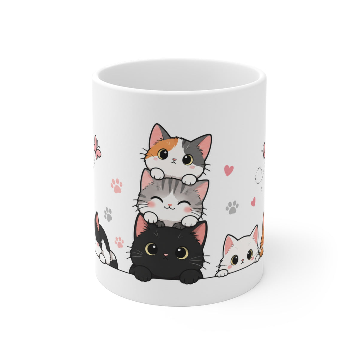 Mug Chats Mignons et Colorés – Tasse avec Petits Chats, Cœurs, Papillons et Pelote de Laine – Cadeau Original Amoureux des Chats