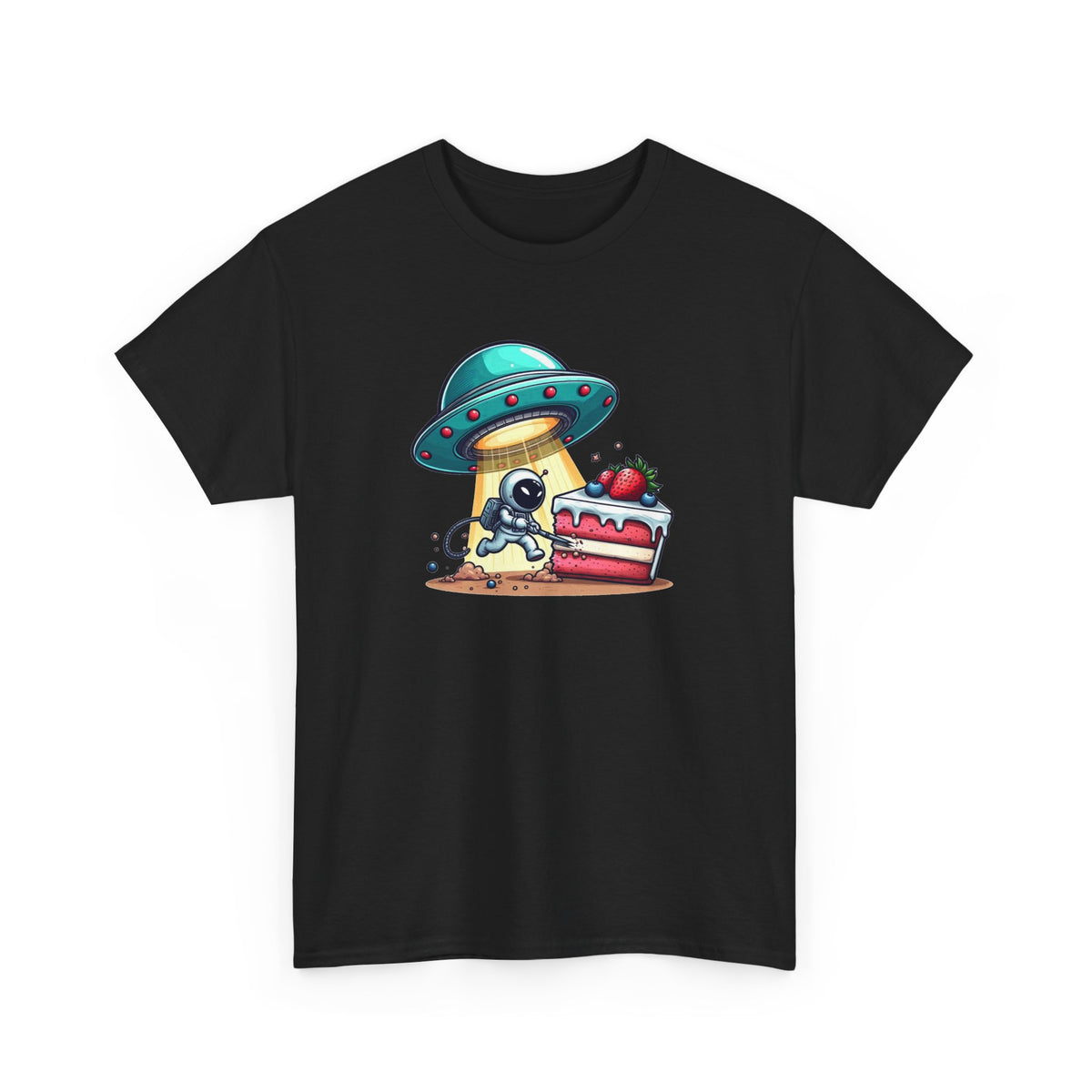 Tee Shirt Astronaute OVNI Gâteau Homme Femme – T-Shirt Espace Humour Gâteau Fraise – Soucoupe Volante – Idée Cadeau Originale