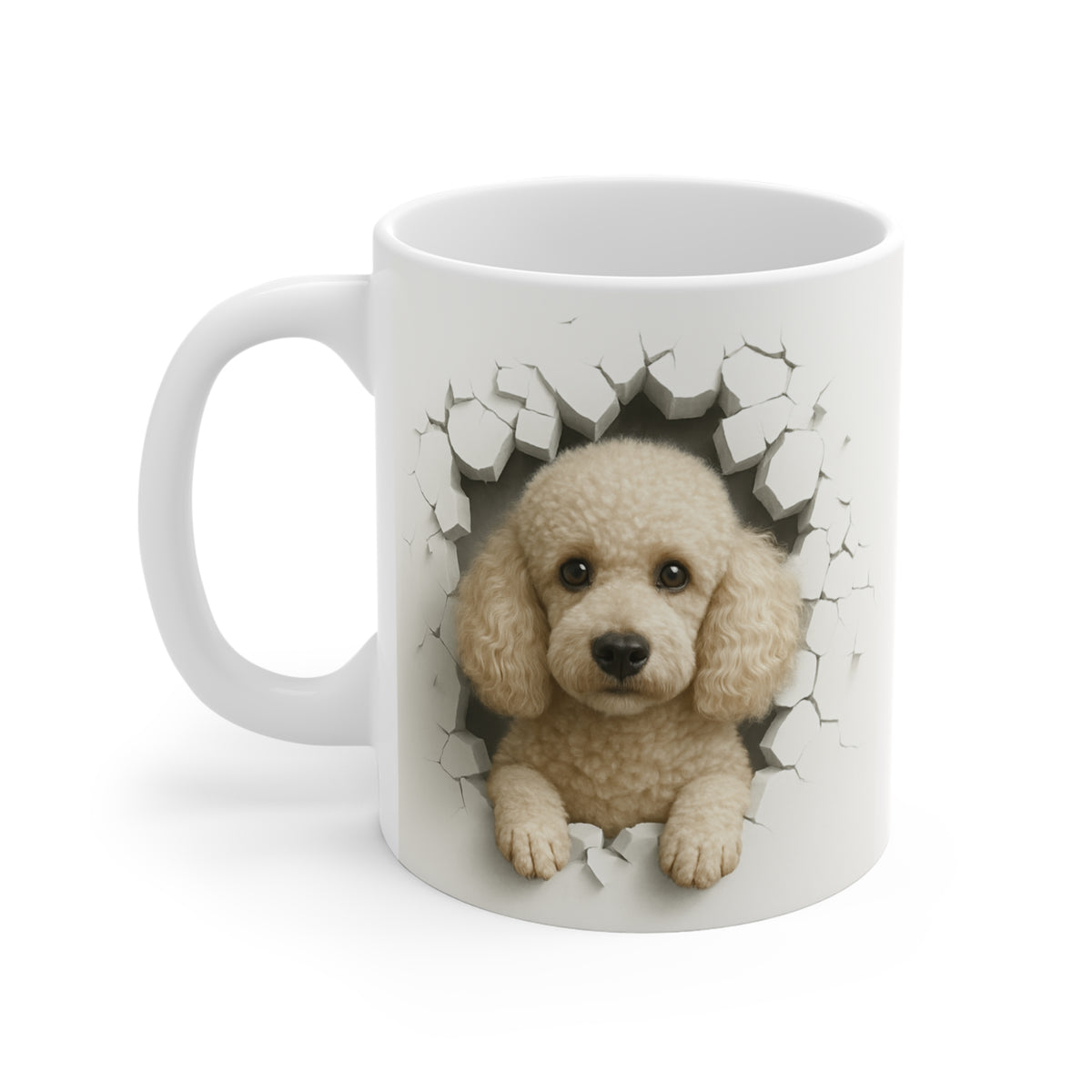 Mug Caniche Beige Effet Mur Cassé – Tasse Chien 3D Trompe-l’œil – Cadeau Original Amoureux des Caniches