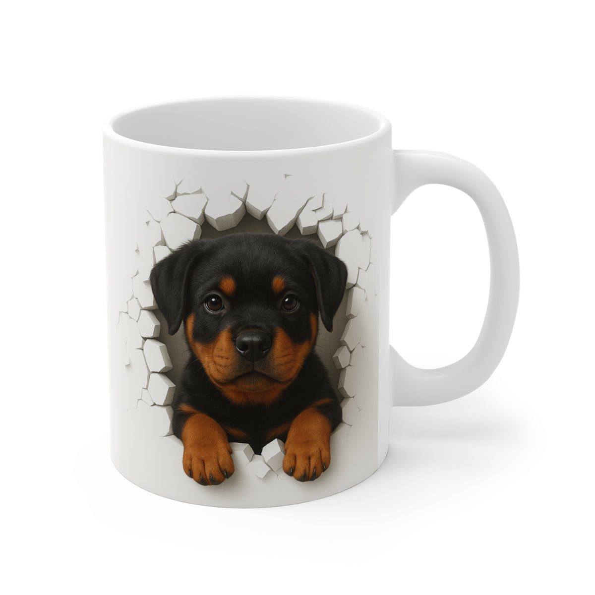 Mug Rottweiler Effet Mur Cassé – Tasse Chien 3D Trompe-l’œil – Cadeau Original Amoureux du Rottweiler