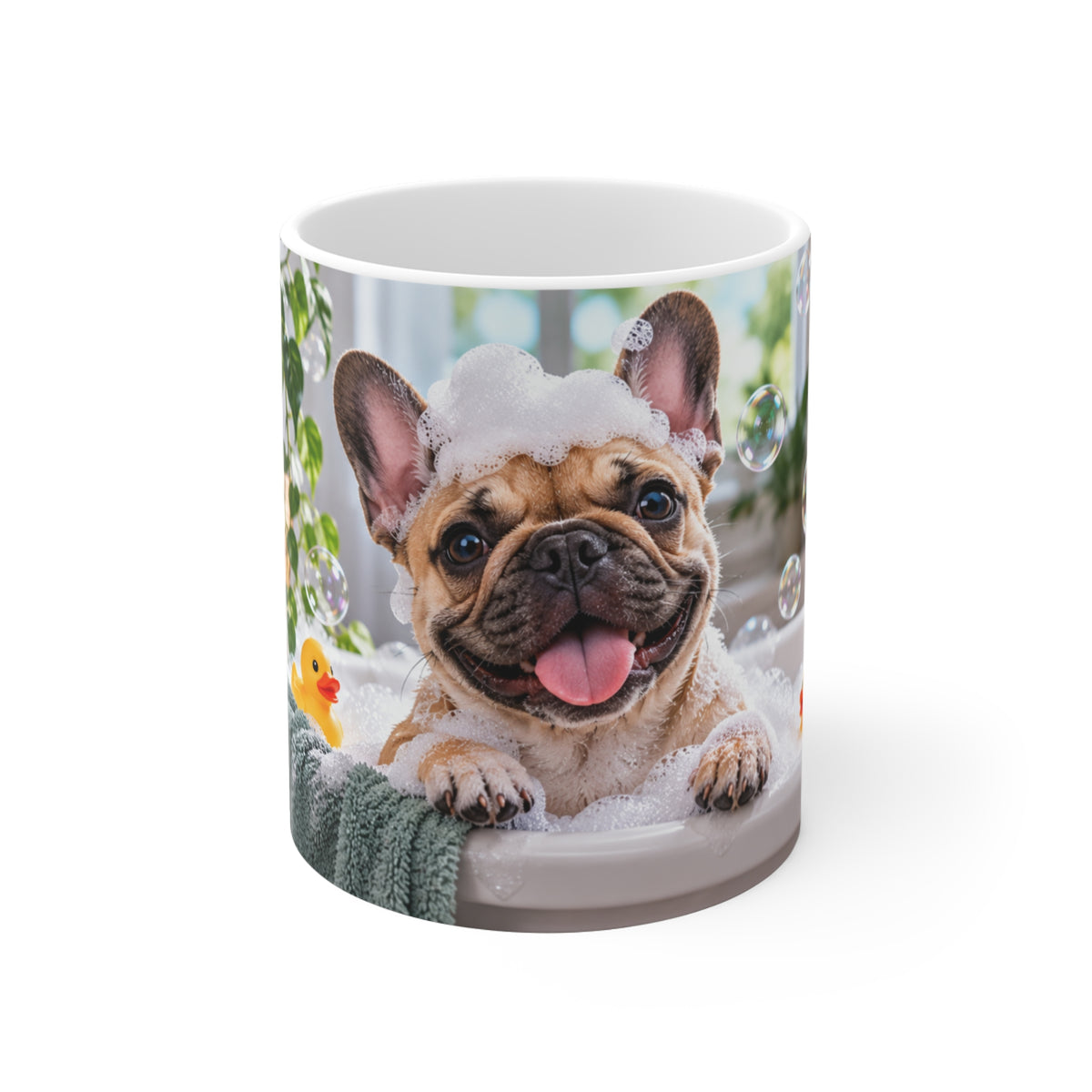 Mug Bouledogue Français dans le Bain – Tasse Chien avec Mousse et Canards – Cadeau Original Amoureux des Chiens