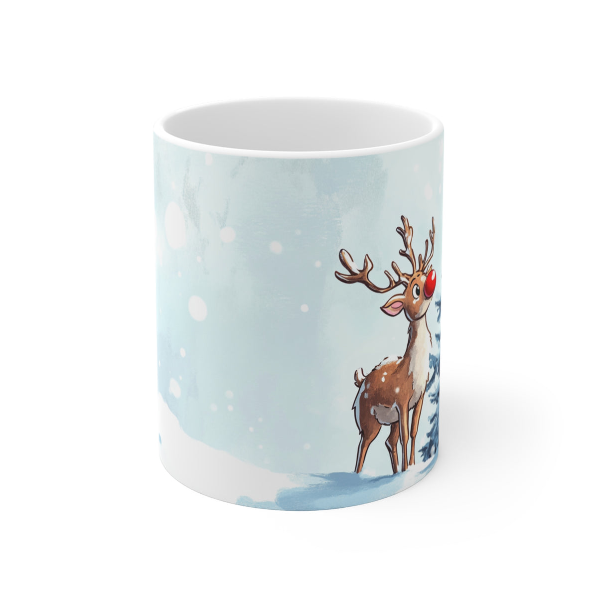 Mug Renne de Noël au Nez Rouge – Tasse Hiver Sapin Enneigé Style Aquarelle – Cadeau Noël Homme Femme