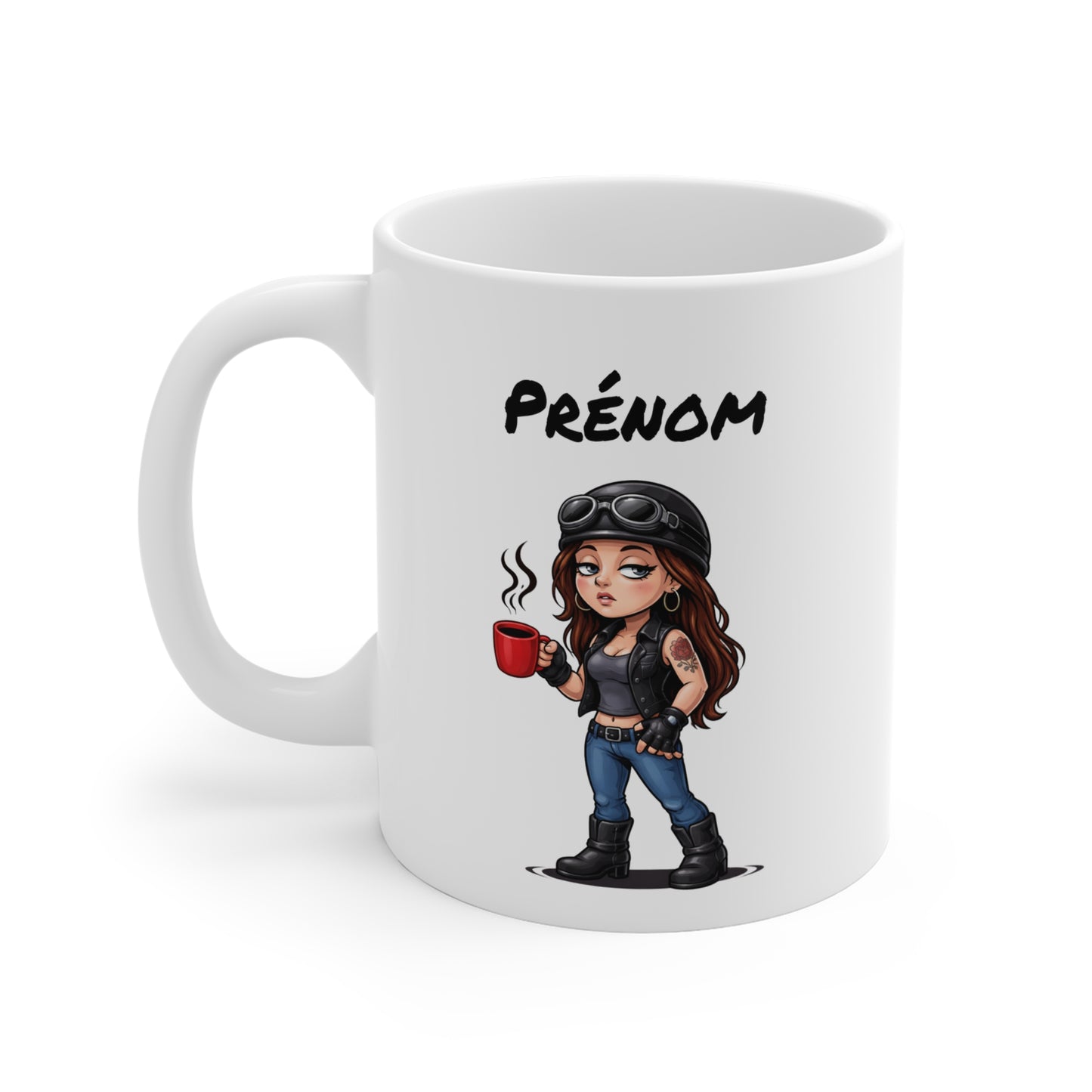 Tasse Motarde avec Café – Mug Femme Biker Style Rock – Illustration Motarde Casque Moto 325ml – Cadeau Original Femme